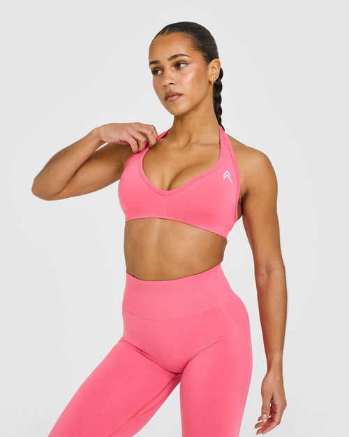 Oner Modal Effortless Seamless Halter Neck Sports Bra with White Logo | Hot Girl Pink