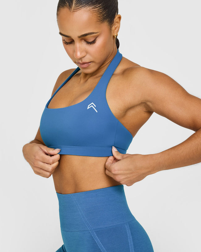EasyLift™ Halter Bralette with White Logo | Ocean Blue