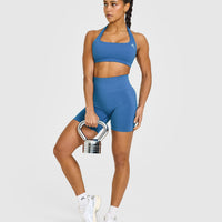 EffortlessLift™ Seamless Shorts with White Logo | Ocean Blue