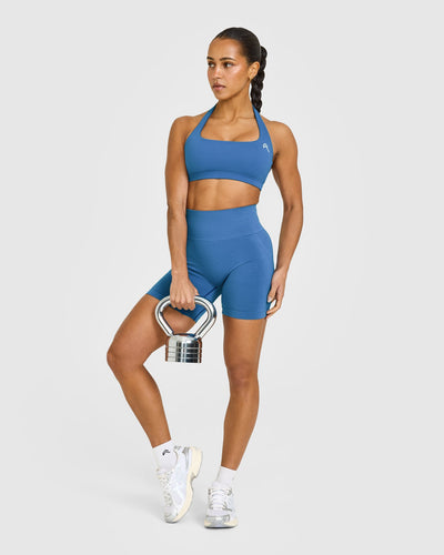 EffortlessLift™ Seamless Shorts with White Logo | Ocean Blue