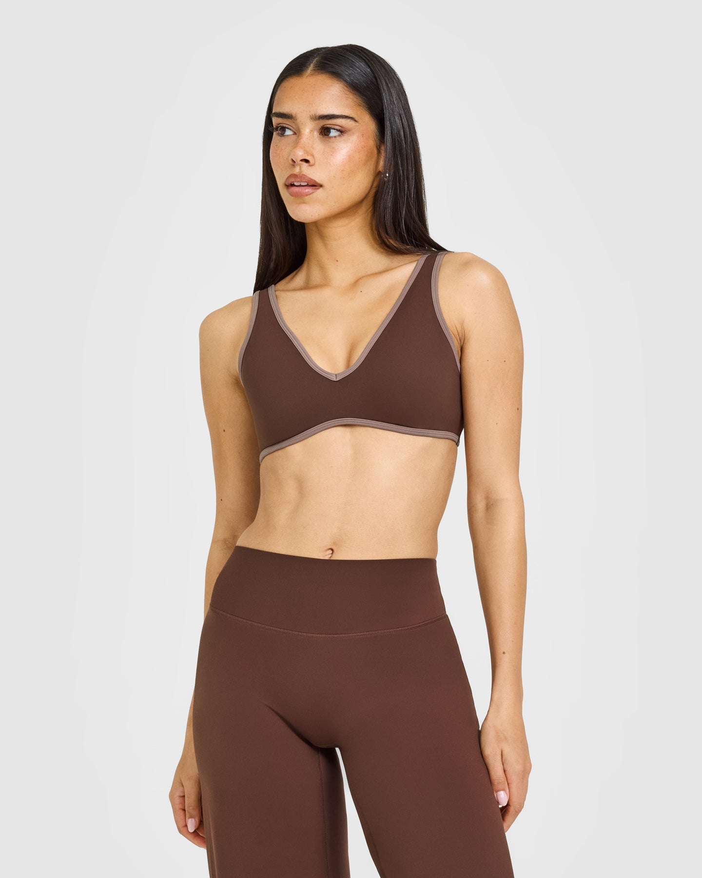 SoftMotion™ Contrast Scoop Back Bralette with White Logo | Espresso Brown