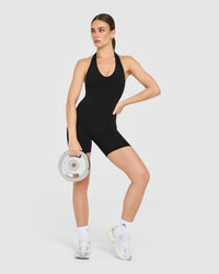 SoftMotion™ Halter Neck All In One Short with White Logo | Black