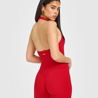 SoftMotion™ Halter Neck All In One Short with White Logo | Fiery Red