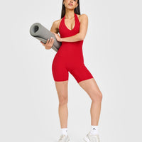 SoftMotion™ Halter Neck All In One Short with White Logo | Fiery Red