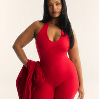 SoftMotion™ Halter Neck All In One Short with White Logo | Fiery Red