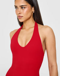 SoftMotion™ Halter Neck All In One Short with White Logo | Fiery Red