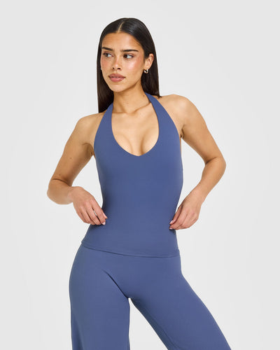 SoftMotion™ Halter Neck Vest with Built in Bra Shelf with White Logo | Slate Blue