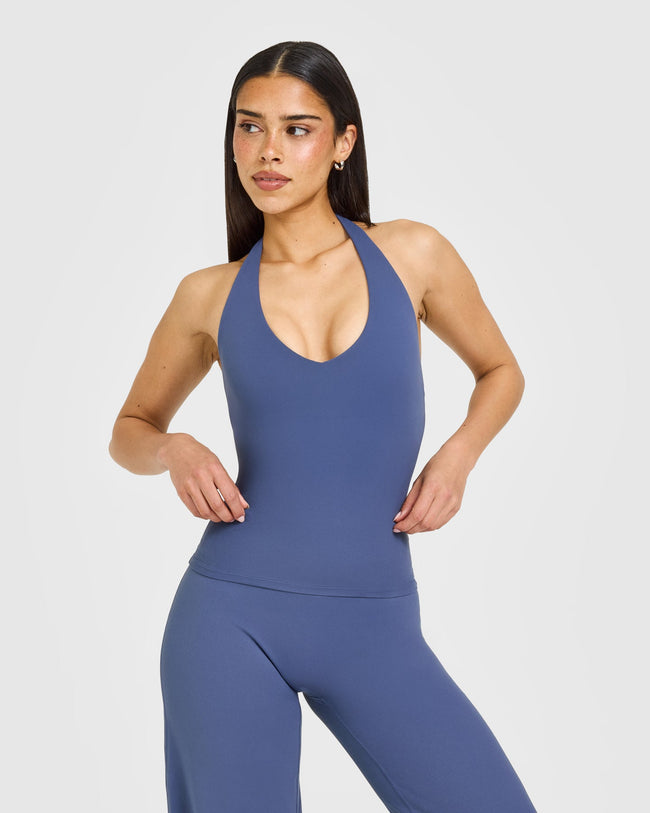 SoftMotion™ Halter Neck Vest with Built in Bra Shelf with White Logo | Slate Blue