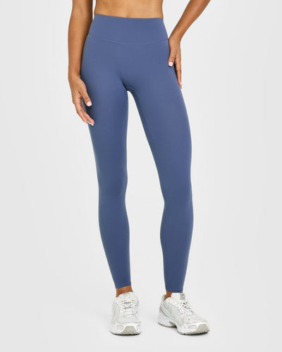 SoftMotion™ High Waisted Leggings with White Logo | Slate Blue