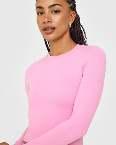 SoftMotion™ Long Sleeve Mid Top with White Logo | Rose Pink