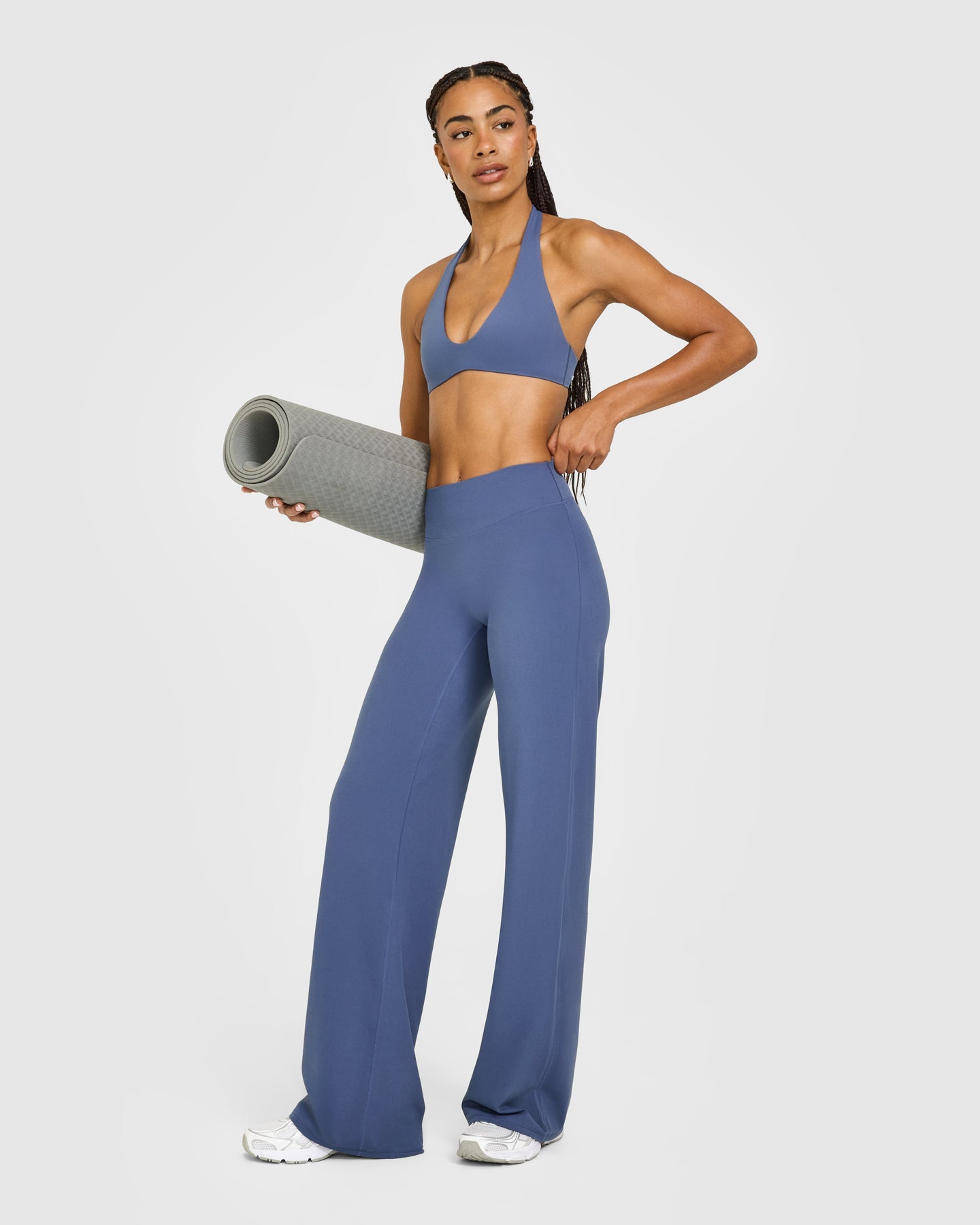 SoftMotion™ Minimal Halter Neck Bralette with White Logo | Slate Blue