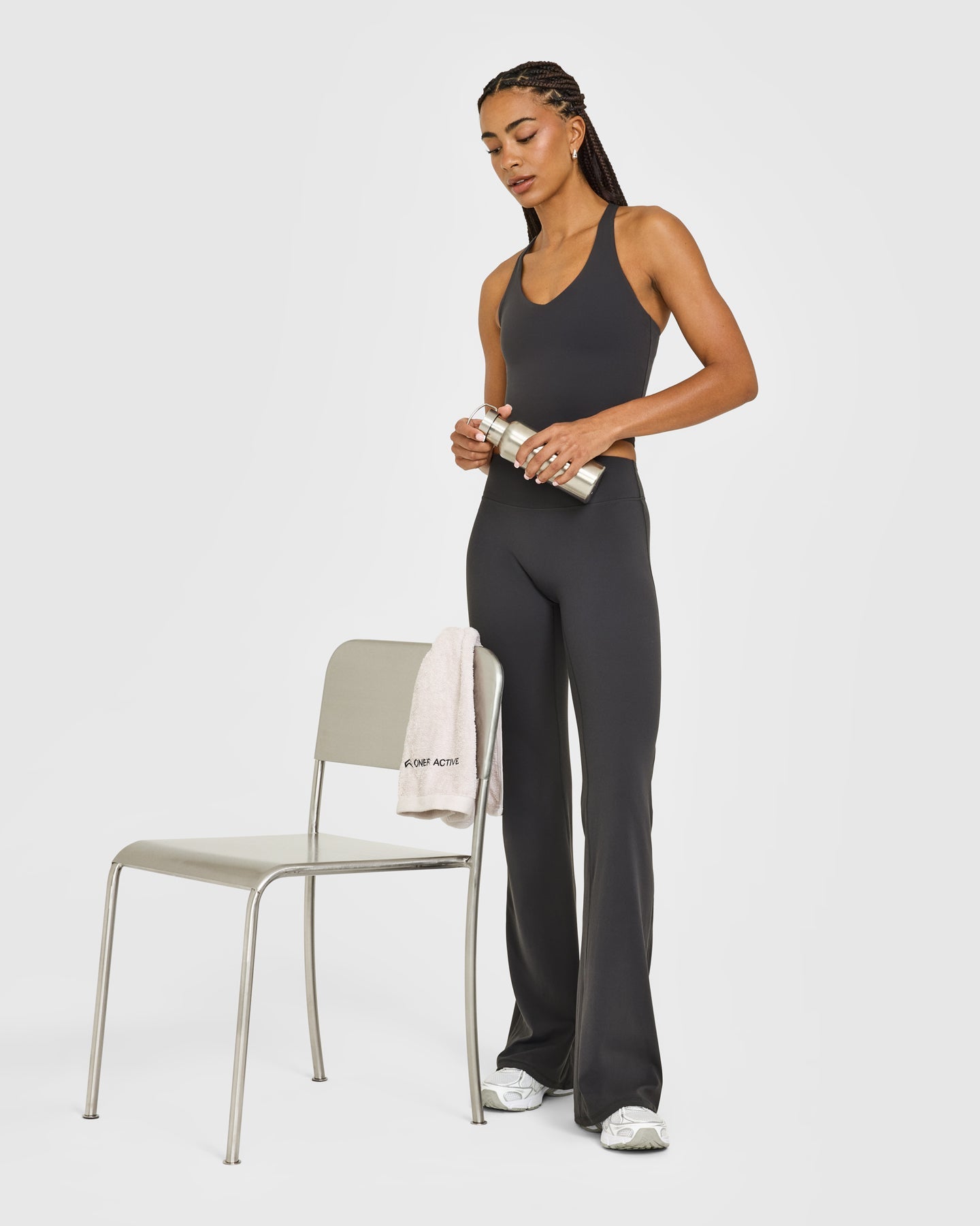 SoftMotion™ Racer Back Mid Vest with Built in Bra Shelf with White Logo | Coal