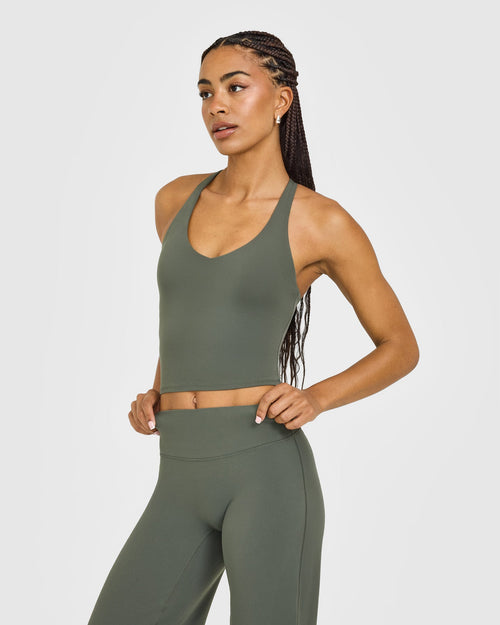Oner Modal SoftMotion™ Racer Back Mid Vest with Built in Bra Shelf with White Logo | Dark Khaki