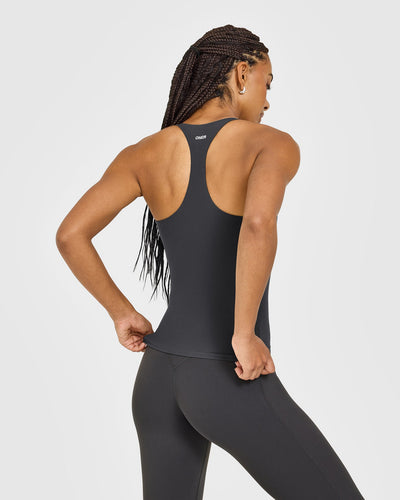 SoftMotion™ Racer Back Vest with Built in Bra Shelf with White Logo | Coal