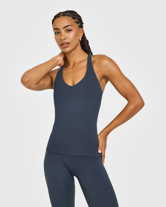 SoftMotion™ Racer Back Vest with Built in Bra Shelf with White Logo | True Blue