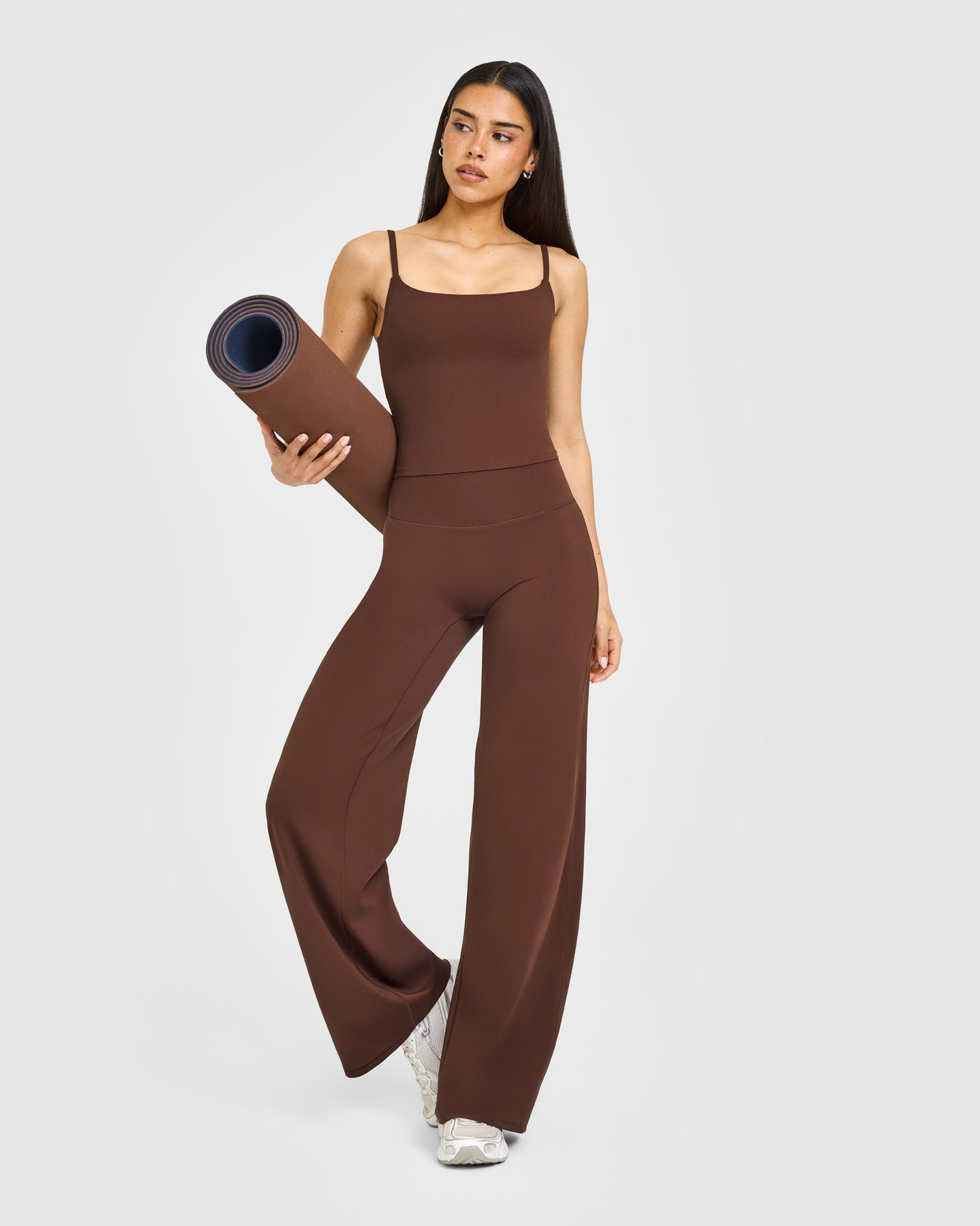 SoftMotion™ Strappy Mid Vest with Built in Bra Shelf with White Logo | Espresso Brown