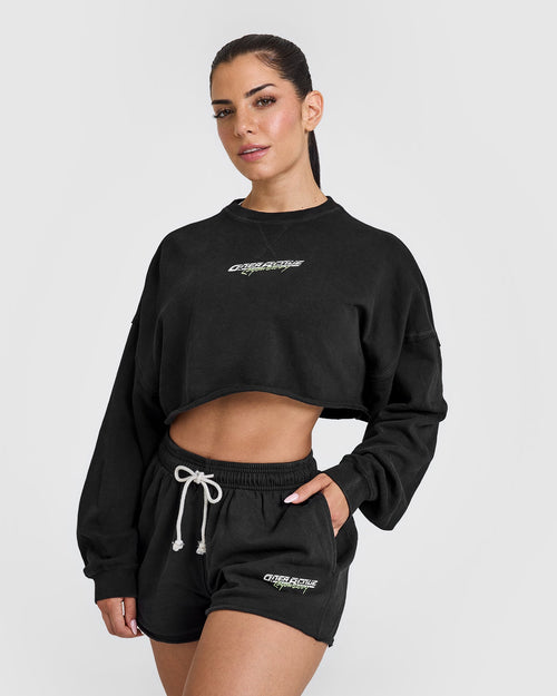 Oner Modal Raw Lounge Crop Sweatshirt with Graphic | Washed Black