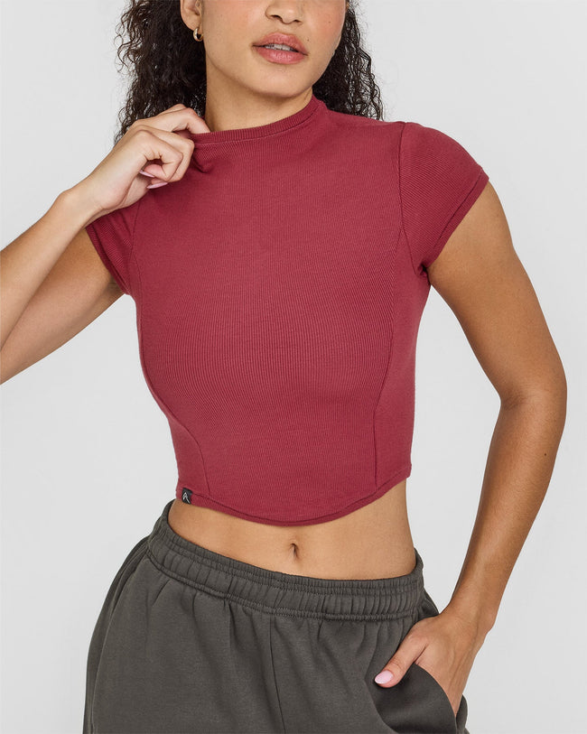 Mellow™ Rib Mid Mock Neck T-Shirt | Burnt Cherry