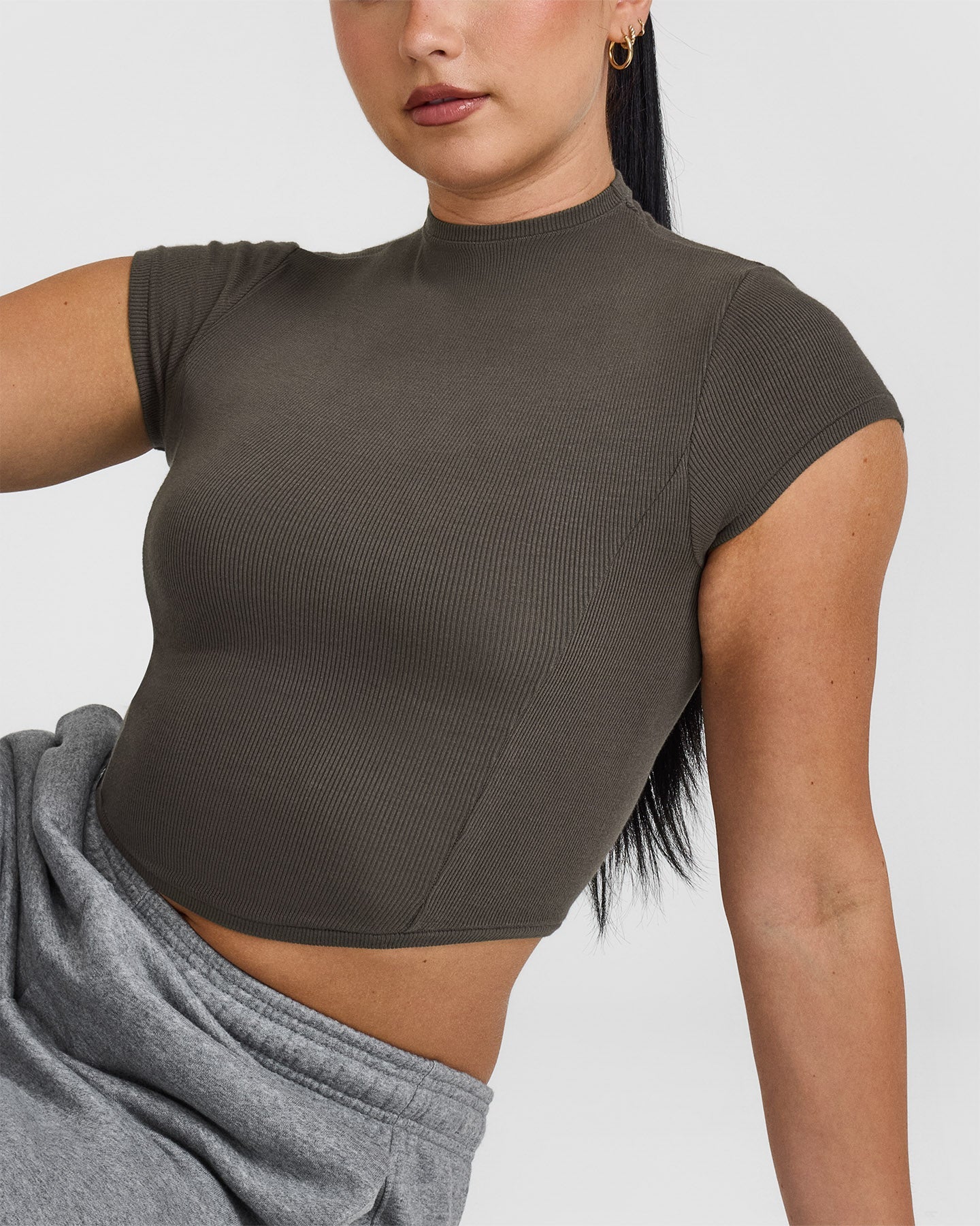 Mellow™ Rib Mid Mock Neck T-Shirt | Deep Taupe