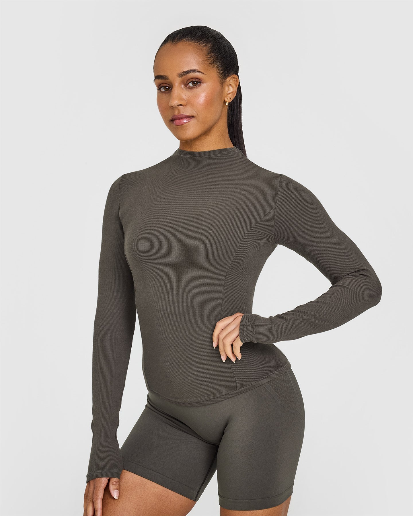 Mellow™ Rib Mock Neck Long Sleeve Top | Deep Taupe