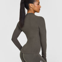 Mellow™ Rib Mock Neck Long Sleeve Top | Deep Taupe