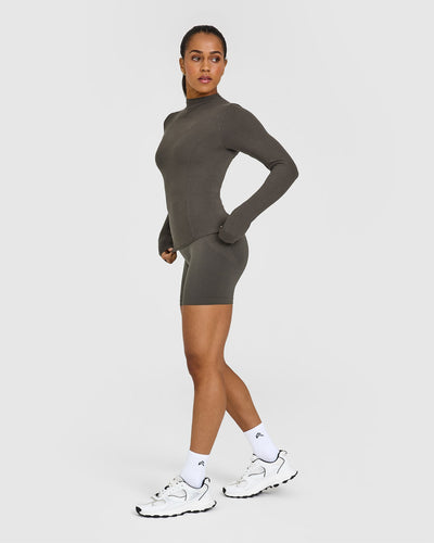 Mellow™ Rib Mock Neck Long Sleeve Top | Deep Taupe
