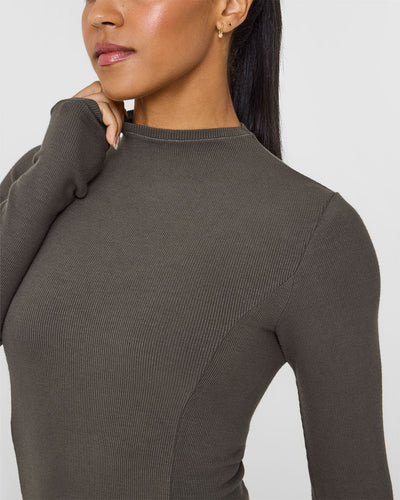 Mellow™ Rib Mock Neck Long Sleeve Top | Deep Taupe