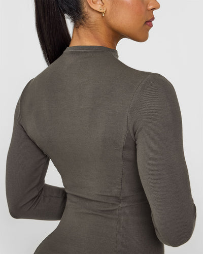 Mellow™ Rib Mock Neck Long Sleeve Top | Deep Taupe