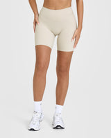 SoftMotion™ Cycling Shorts 8" with White Logo | Sand