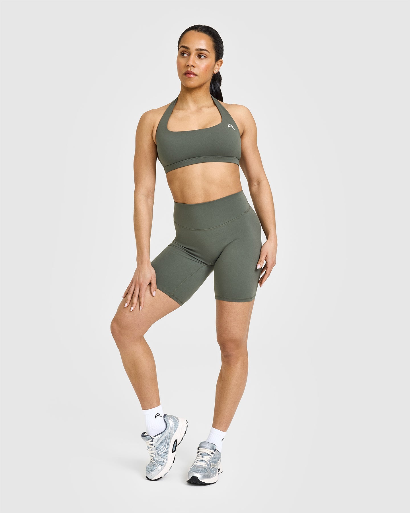 SoftMotion™ Cycling Shorts 8" with White Logo | Dark Khaki