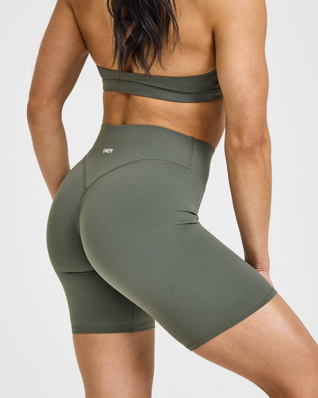 SoftMotion™ Cycling Shorts 8" with White Logo | Dark Khaki