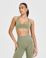 Effortless Seamless Racer Back Sports Bra with White Logo | Deep Sage Green