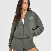 Lightweight Zip Through Hoodie with Graphic | Dark Khaki