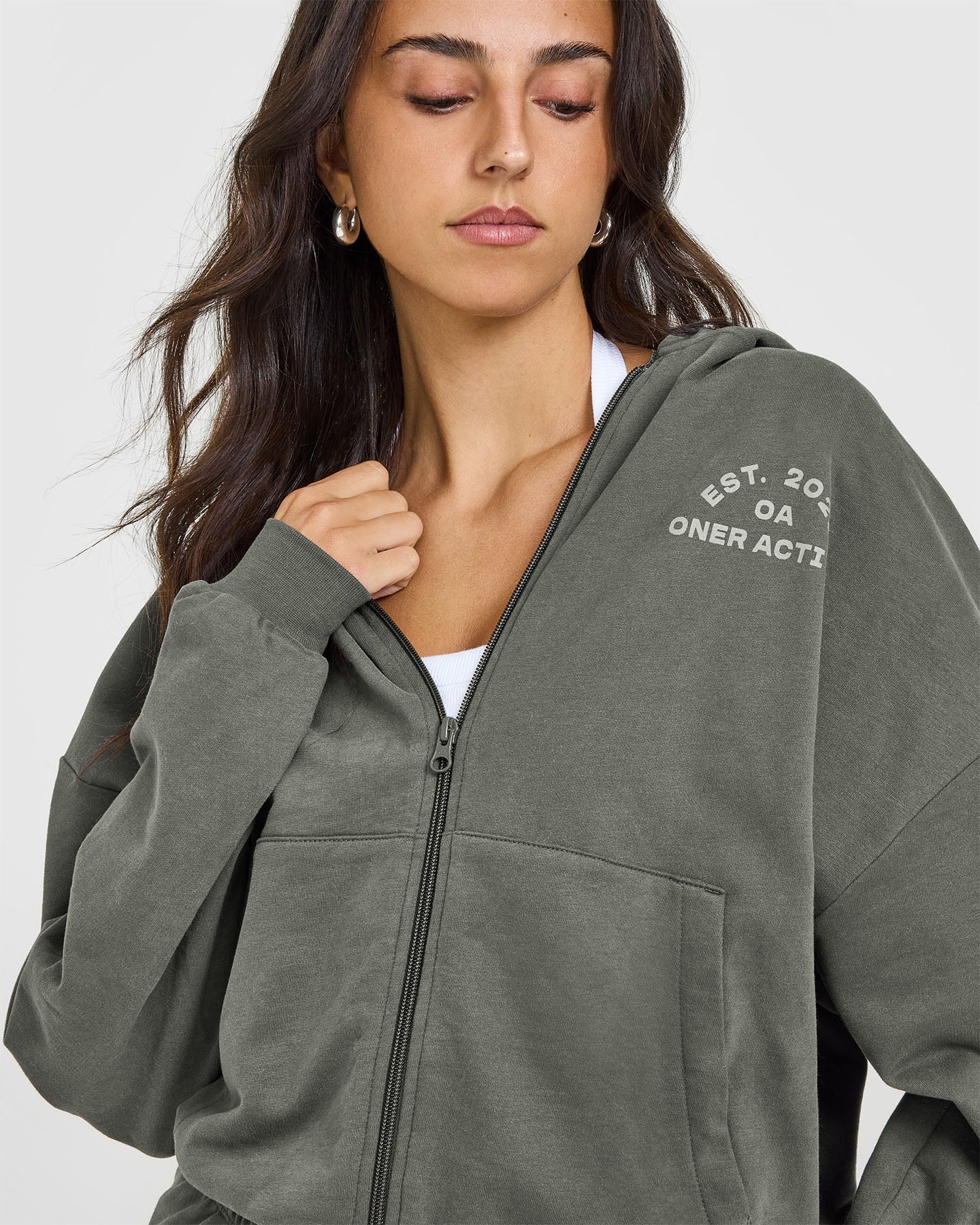 Lightweight Zip Through Hoodie with Graphic | Dark Khaki