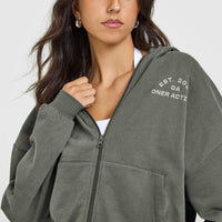 Lightweight Zip Through Hoodie with Graphic | Dark Khaki