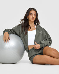 Lightweight Zip Through Hoodie with Graphic | Dark Khaki