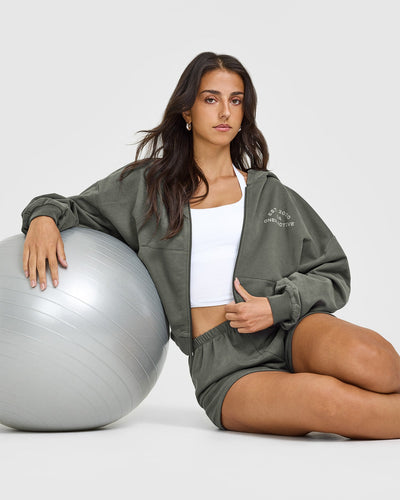 Lightweight Zip Through Hoodie with Graphic | Dark Khaki