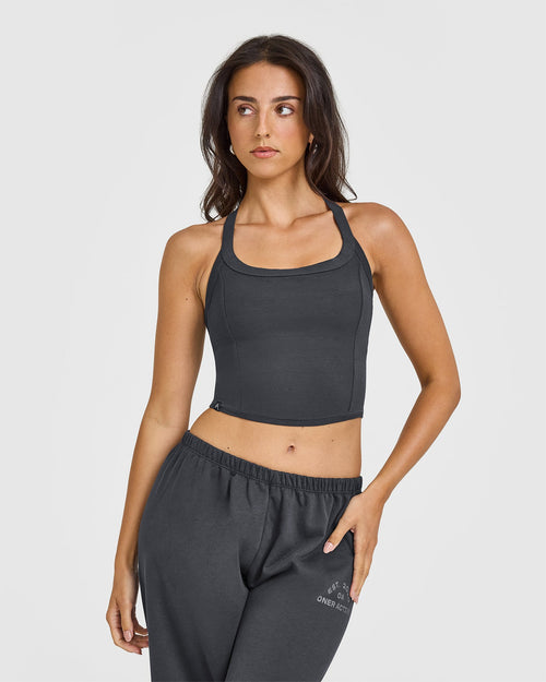 Oner Modal Mellow™ Rib Halter Neck Mid Vest with Built in Bra Shelf | Coal