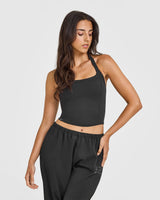 Mellow™ Rib Halter Neck Mid Vest with Built in Bra Shelf | Soft Black