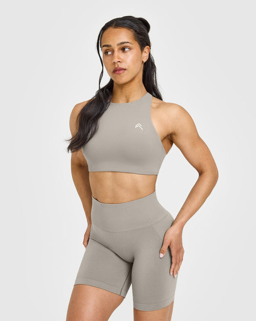 Oner Modal EasyLift™ High Neck Sports Bra with White Logo | Warm Sand