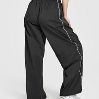 Oversized Piped Woven Straight Leg Track Bottoms | Soft Black