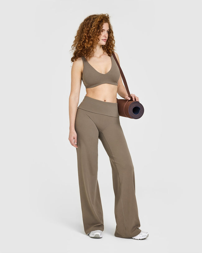 SoftMotion™ Fold Over Straight Leg Bottoms with White Logo | Moss Brown