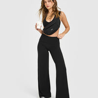 SoftMotion™ Fold Over Straight Leg Bottoms with White Logo | Black