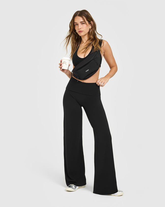 SoftMotion™ Fold Over Straight Leg Bottoms with White Logo | Black