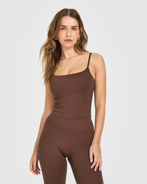 Oner Modal SoftMotion™ Strappy Mid Vest with Built in Bra Shelf with White Logo | Espresso Brown