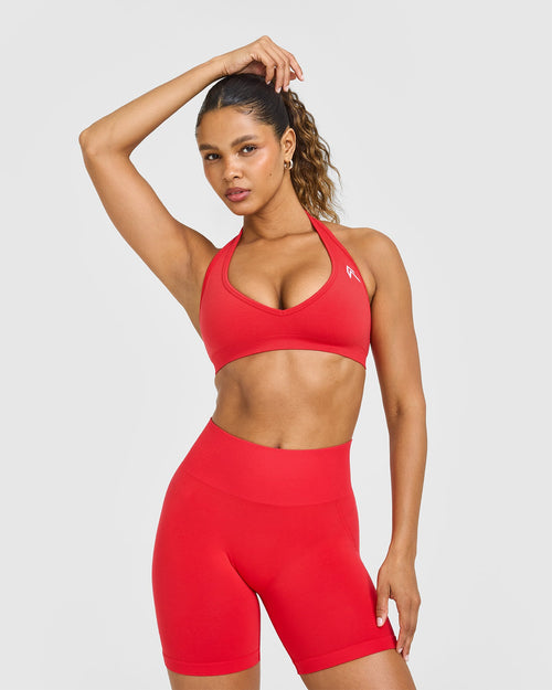 Oner Modal Effortless Seamless Halter Neck Sports Bra with White Logo | Muscle Mommy Red