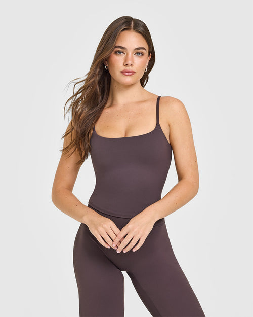 Oner Modal SoftMotion™ Strappy Mid Vest with Built in Bra Shelf with White Logo | Dark Umber Brown