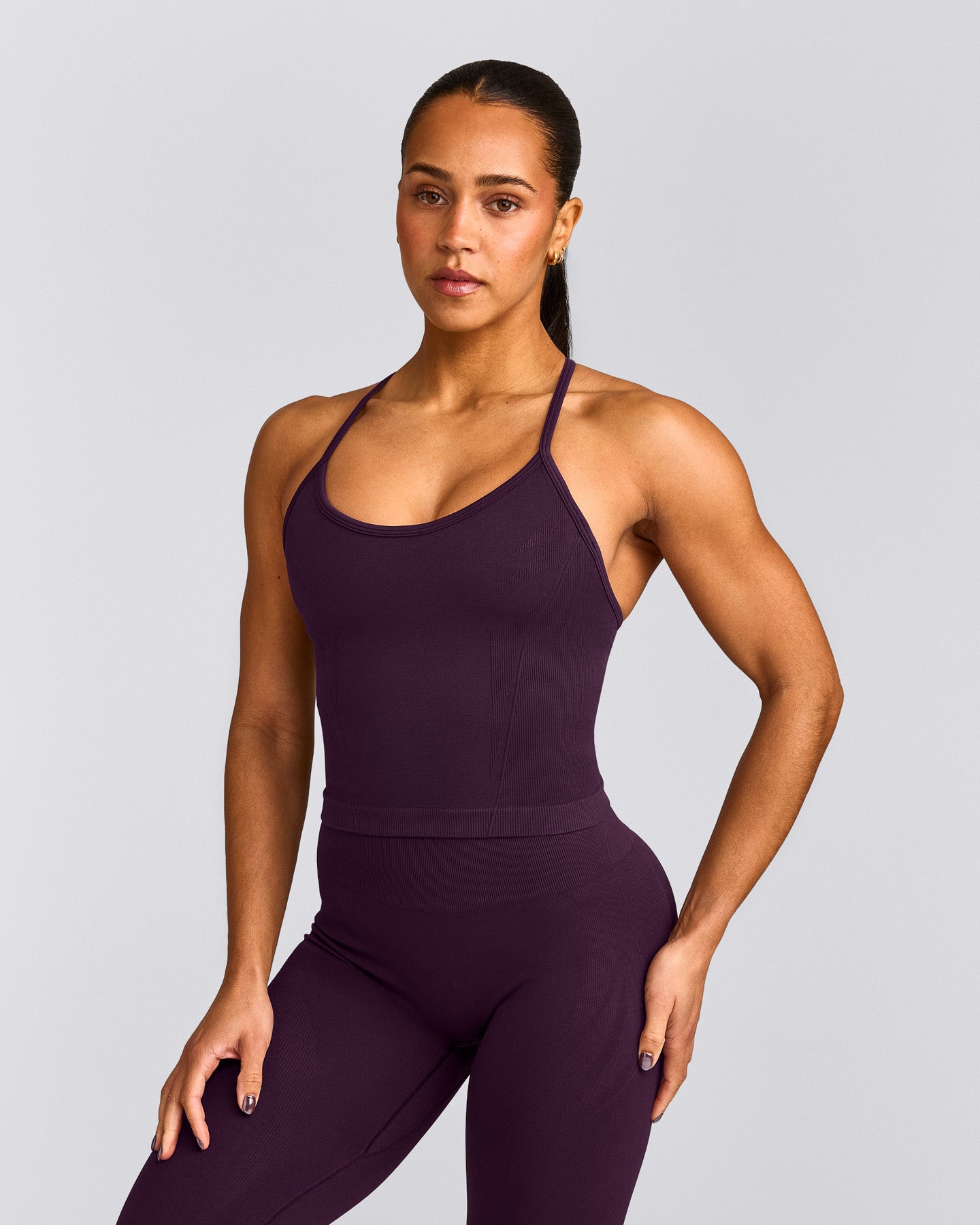 EnhanceLift™ Seamless Strappy Racer Tank Top with Built in Bra Shelf with Grey Logo | Blackberry Purple