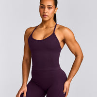 EnhanceLift™ Seamless Strappy Racer Tank Top with Built in Bra Shelf with Grey Logo | Blackberry Purple