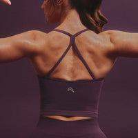 EnhanceLift™ Seamless Strappy Racer Tank Top with Built in Bra Shelf with Grey Logo | Blackberry Purple